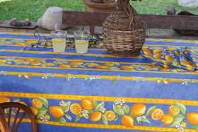 Lemon linear blue pattern - 100% cotton coated tablecloth.
