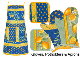 Section provencal gloves, potholders and aprons.
