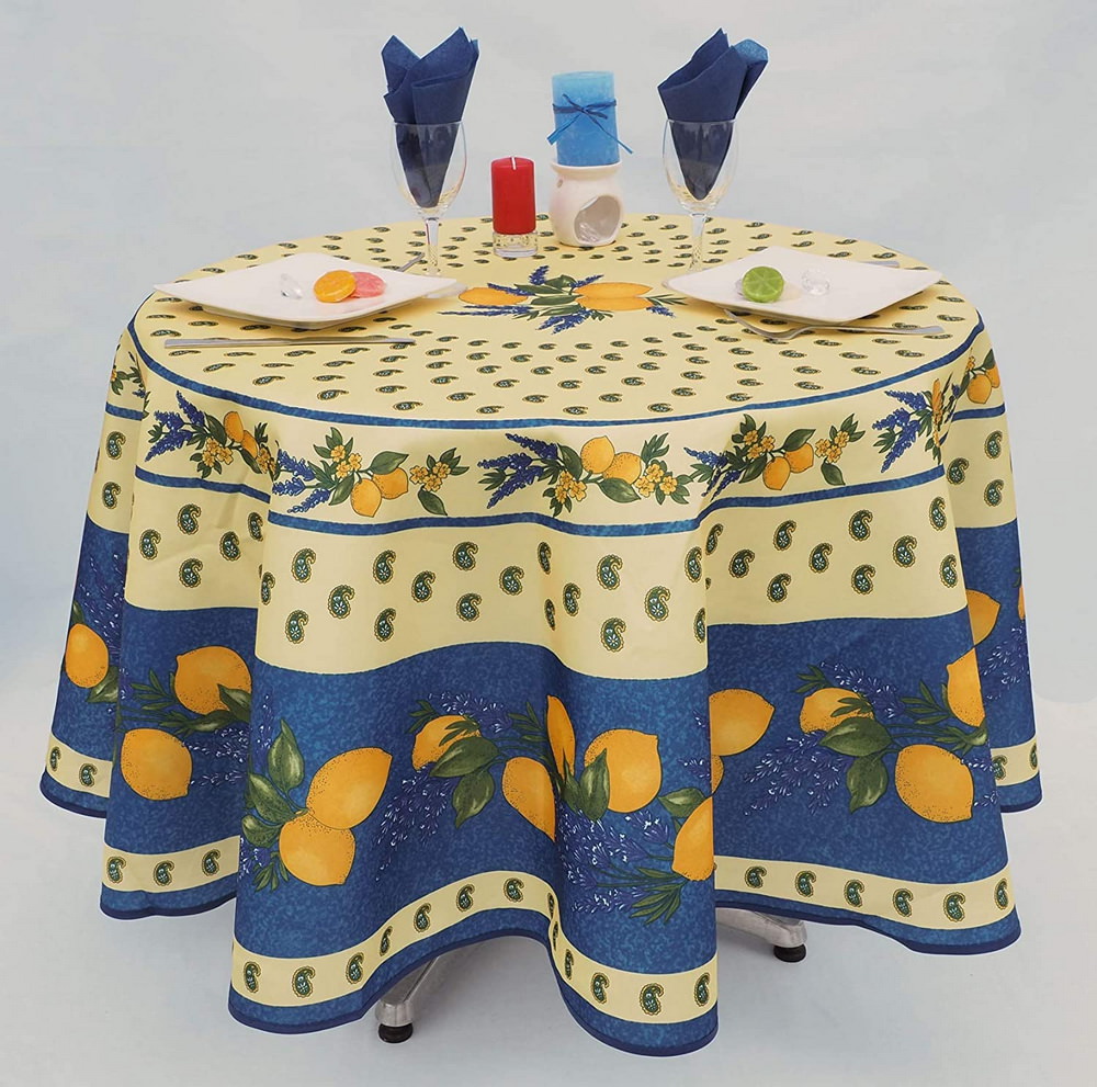 Lemon blue - Provencal polyester round tablecloth 180cm diam.