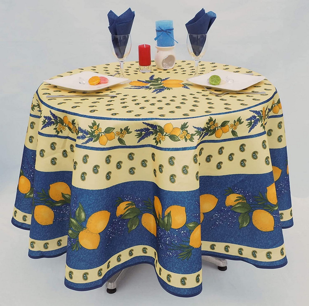 Citron bleu - Nappe provencale ronde en polyester anti-tache.