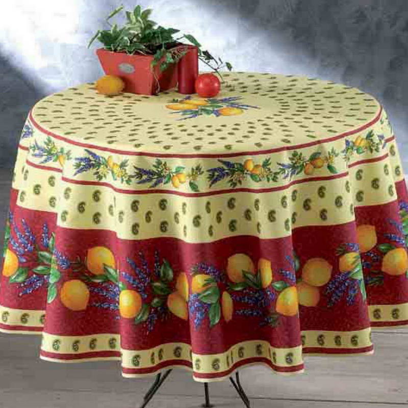 Citron rouge - Nappe provencale ronde en polyester anti-tache.