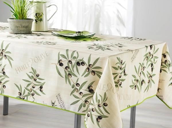 Ecru olives noires - Nappe provencale rectangulaire en polyester anti-tache.