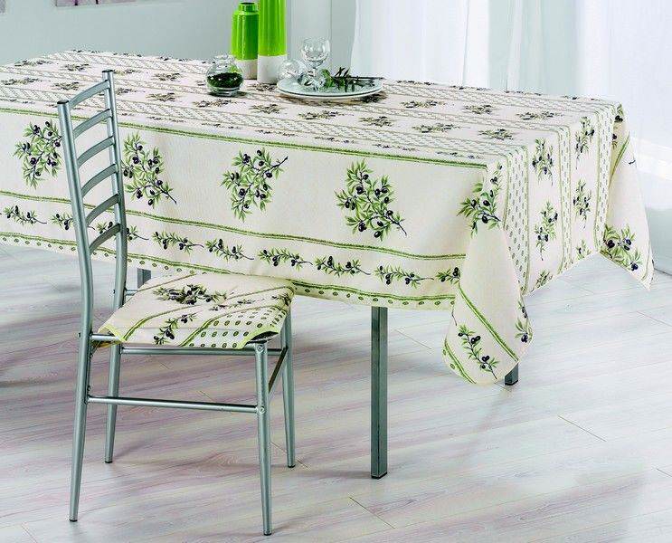 Olivou beige vert - Provencal polyester rectangular tablecloth.