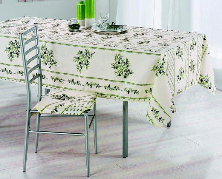 Olivou beige vert - Nappe provencale rectangulaire en polyester anti-tache.