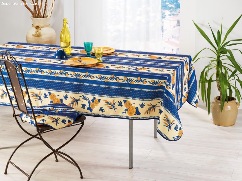 Tournesol abeille bleu - Nappe provencale rectangulaire en polyester anti-tache.