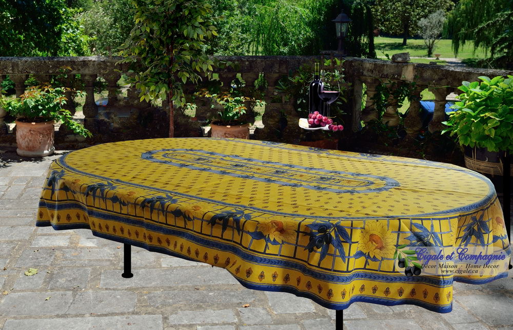 Soleil olives jaune bleu oval Tablecloth. Image for Soleil olives jaune bleu